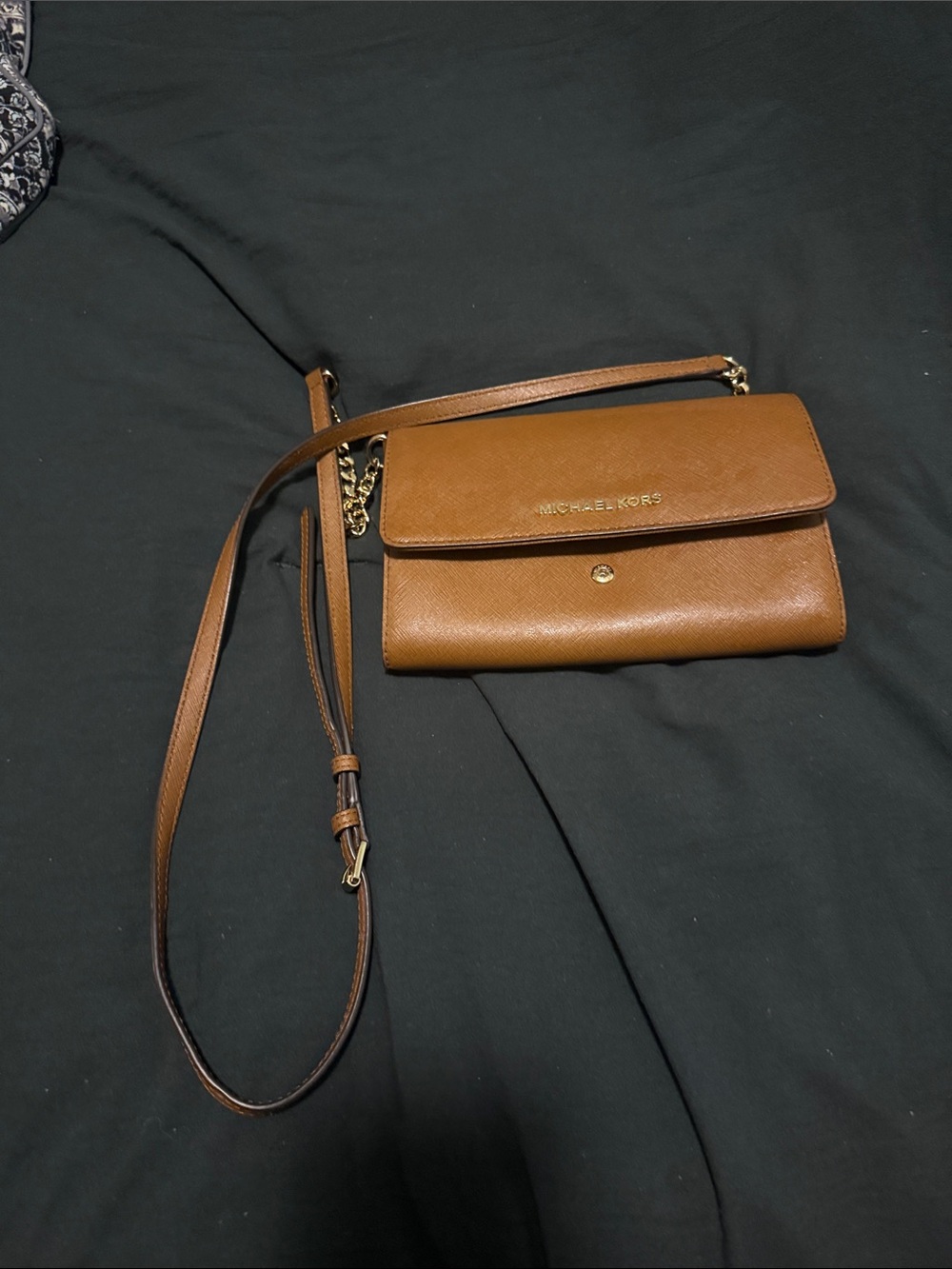 Michael Kors Brown Saffiano Leather Crossbody Wallet with Gold Hardware